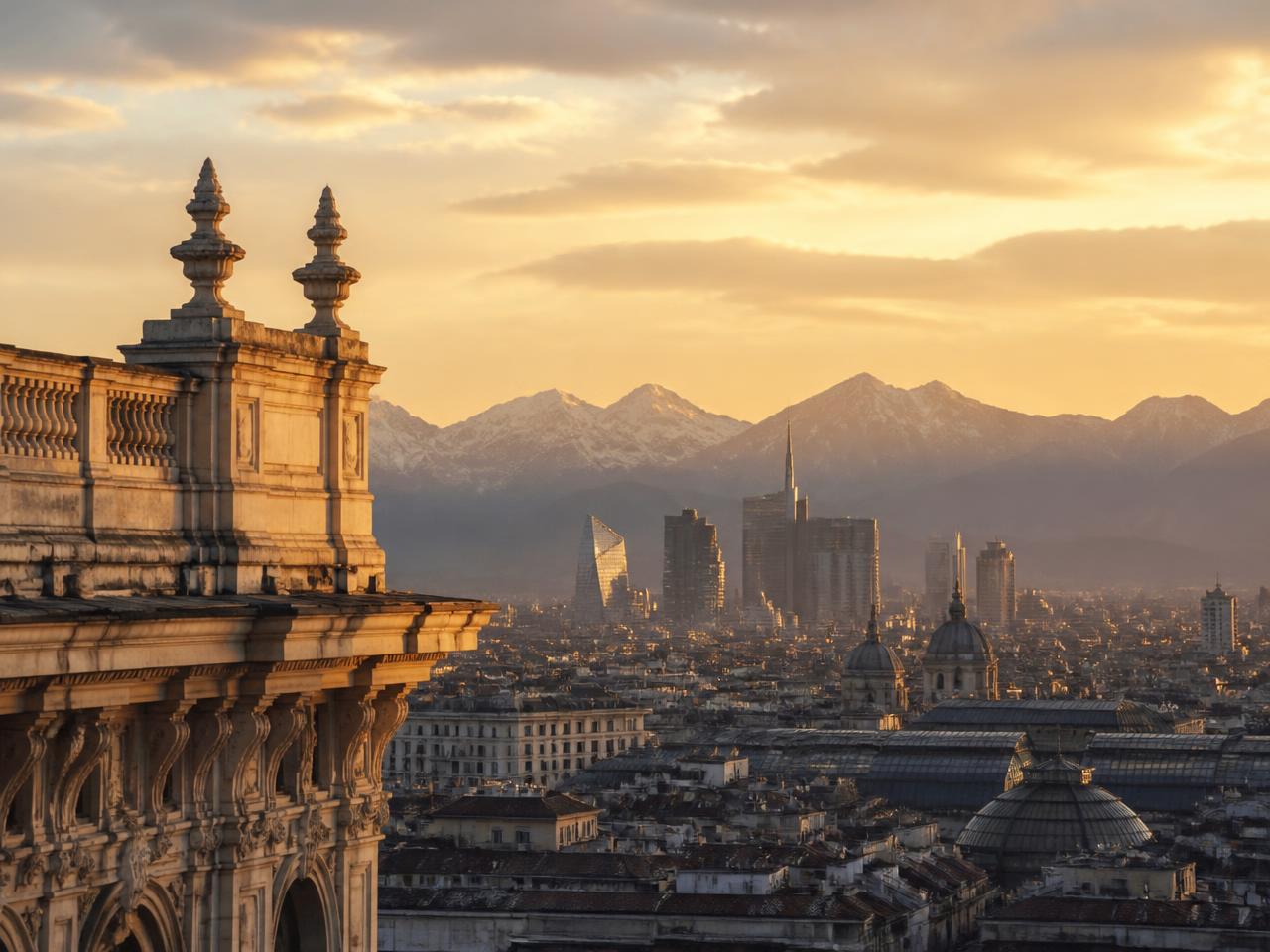 Veduta di Milano e del territorio lombardo al tramonto